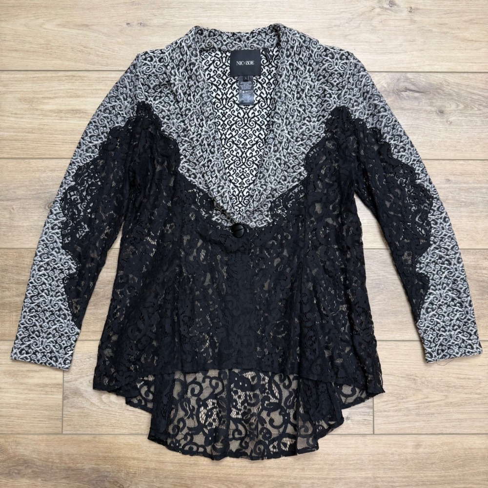 Nic+Zoe Womens Black White Lace Cardigan Sweater Large High Low‎ Whimsigoth